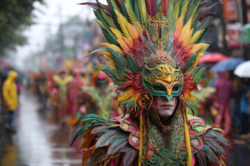 Colorful carnival parades with festive feather costumes and specially made faces.