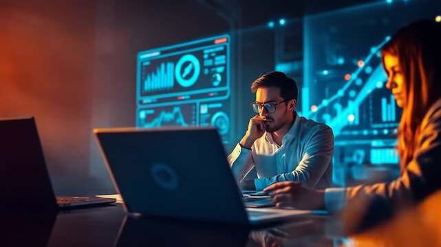 Big data customer analysis and marketing strategy. Targeted customer profiles and behavioral analysis. Analysts use laptops to analyze customer data. 4k video