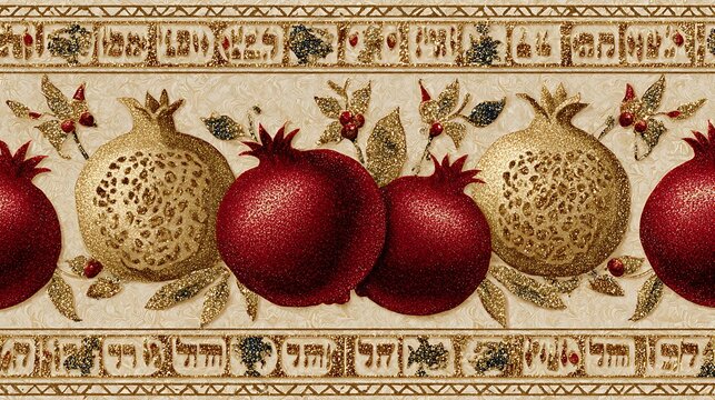 Decorative border featuring ripe pomegranates and Hebrew script provides a rich background for.