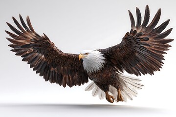 Fototapeta premium Majestic bald eagle in flight, wings spread, isolated on white background, a symbol of american freedom and power in nature