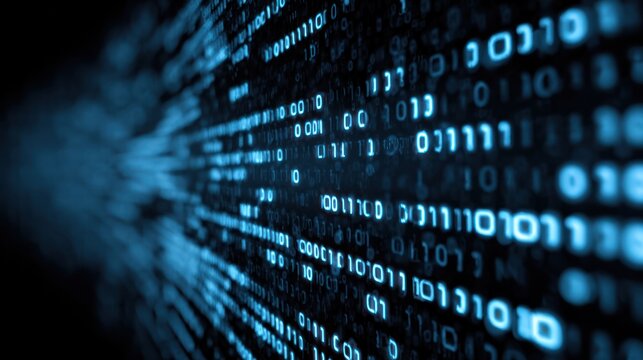 Digital Data Flow: A mesmerizing abstract representation of binary code streaming in vibrant blue, symbolizing the vastness and speed of digital information processing and technology.