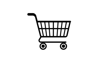 Simple Black Outline Shopping Cart Icon – Minimalist Flat Design with Handle, Rectangular Body, and Wheels – Transparent Background