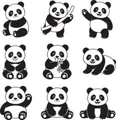 Obraz premium Panda Bundle Vector – Cute and Wild Panda Silhouette CollectionPanda Head and Full Body Vector Bundle – Cartoon and Wildlife DesignPanda Silhouette Bundle – Animal Clipart Set for Logo, Art, and D
