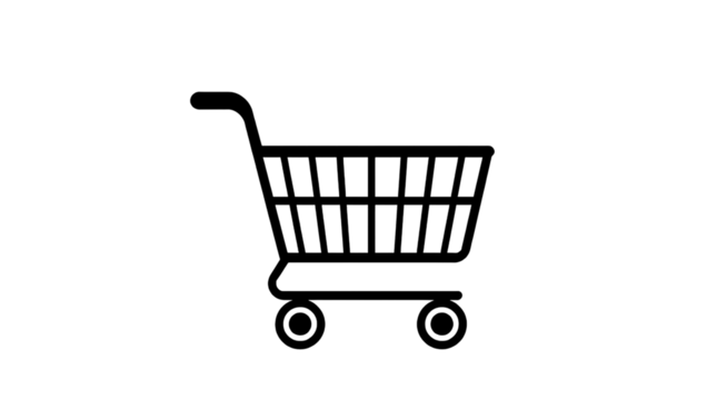 Simple Black Outline Shopping Cart Icon – Minimalist Flat Design with Handle, Rectangular Body, and Wheels – Transparent Background