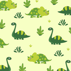 green dinosaur triceratops and brontosaurus seamless pattern cartoon vector design for kids apparel fullprint fabric