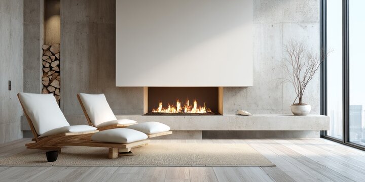A serene interior scene showcases a modern fireplace as the focal point. Two minimalist, light-colored lounge chairs with woven seats and wooden frames are positioned in front of a large