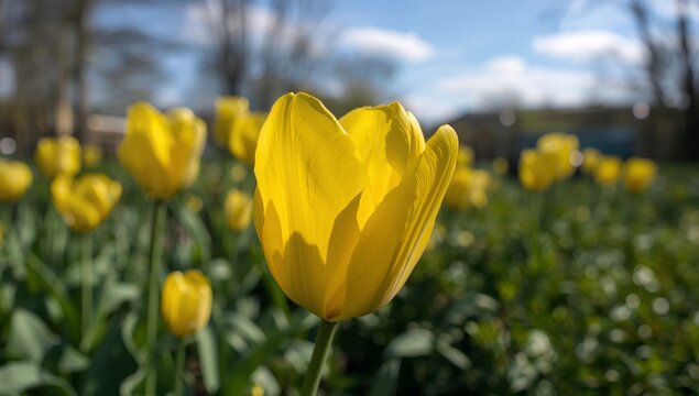 Bright Yellow Tulip Blooming in the Spring Sunshine, Closeup View with Bokeh Background