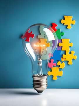 Thinking, perseverance and success concept with light bulb made of colorful puzzle pieces