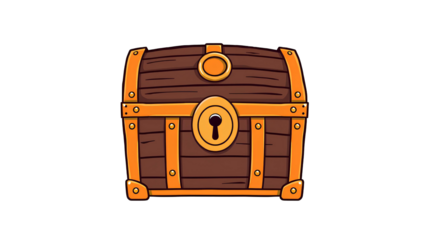 Cartoon Treasure Chest Front View with Wooden Planks, Orange Trim, and Gold Bands – Transparent Background