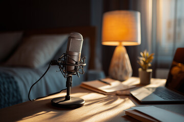 Podcast microphone setup on a desk with soft lighting