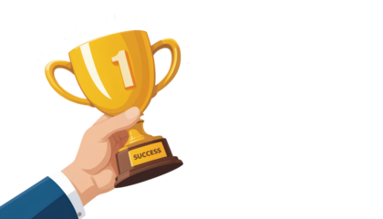 Stylized Illustration of Hand Holding Golden Trophy with “SUCCESS” Text on Dark Brown Base – Transparent Background