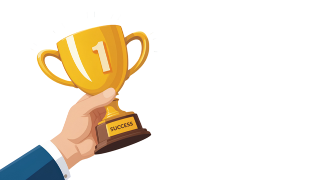 Stylized Illustration of Hand Holding Golden Trophy with “SUCCESS” Text on Dark Brown Base – Transparent Background