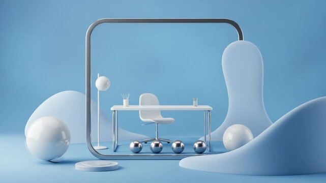 Modern workspace with abstract shapes and decor elements