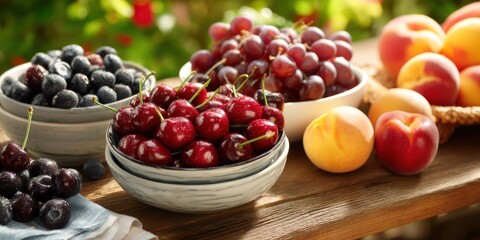 A rustic wooden table displays a vibrant assortment of fresh fruits. Several bowls hold dark blueberries, bright red cherries, and plump purple grapes. A woven basket contains a mix of peach