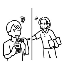 食事中、看護師に呼び足される医師のイラスト　線画のみ