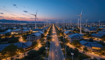 A decentralized energy grid of solar panels and wind turbines powers this contemporary smart city, which is connected by illuminated pathways that represent the flow of energy after nightfall.
