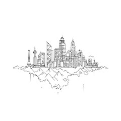Fototapeta premium Detailed line drawing of a cityscape with various buildings and mountain range silhouette below it