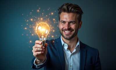 Smiling professional man holding a glowing light bulb with sparkling particles, embodying a brilliant new idea or concept.