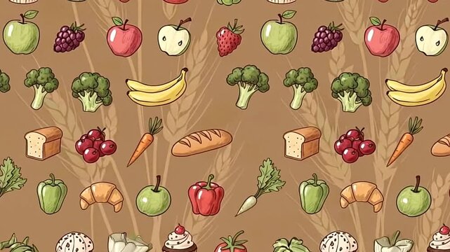 Seamless repeat pattern featuring an array of diverse food items on a wheatmotif background