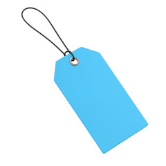 A single light blue paper price tag with a black string attached isolated on transparent background