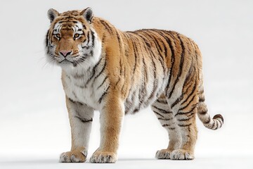 Obraz premium Magnificent tiger standing tall, isolated on white background, showcasing its striking stripes and powerful physique in a captivating portrait