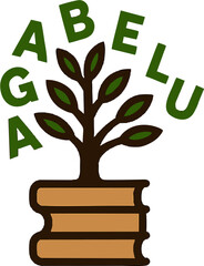 A creative vector illustration of a tree with green leaves sprouting from stacked books, surrounded by alphabet letters, symbolizing knowledge, growth, and learning.