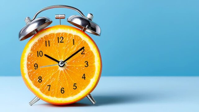 Unique alarm clock design featuring a vibrant orange slice as the clock face, showcasing the playful blend of time and fruit, creating a whimsical and refreshing visual concept