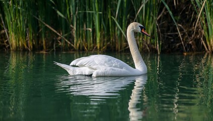 Fototapeta premium Elegant Swan Gliding Serenely Across the Tranquil Lake, Surrounded by Lush Greenery.