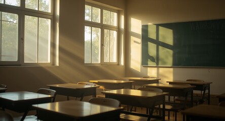 Empty Classroom Filled with Sunlight, Desks and a Chalkboard Ready for Learning.