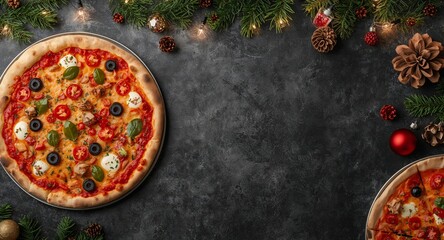 Festive Pizza with Christmas Decoration, Delicious Food for Winter Holidays