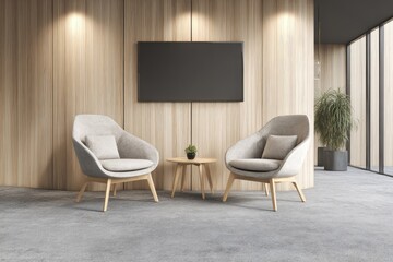 Modern waiting area with light wood paneling and comfortable seating