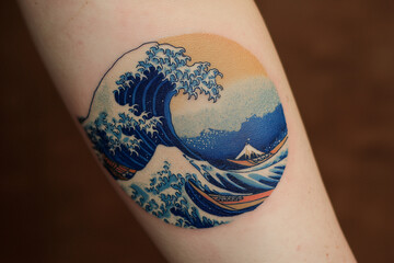 Hokusai's sea tattoo with big waves and a sailing ship depicted on the arm