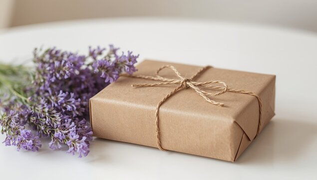 Gift Box with Lavender Flowers, Brown Paper Wrapped, on a White Tabletop.