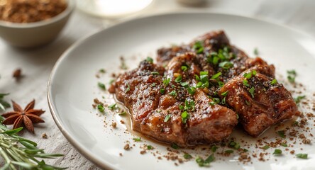 Glazed Pork Belly Bites Garnished with Fresh Herbs, Served on a White Plate.