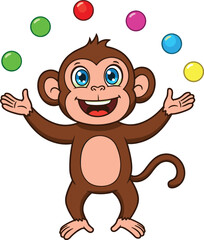 Cute cartoon monkey juggling colorful balls, happy animal character, fun circus illustration, playful kids art, cheerful vector design, isolated