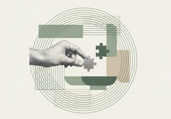 Abstract art collage with a hand completing a puzzle, symbolizing strategy and connection.