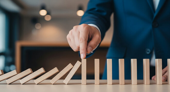 Close-up of hand interacting with wooden dominoes, some falling, others standing, symbolizing risk management, planning, and business strategy