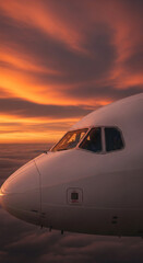 Airplane cockpit during sunset, orange sky backdrop, clouds below, showcasing travel, adventure, and freedom concepts