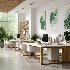 Fototapeta premium Bright white office with wood elements and natural green leaf accent