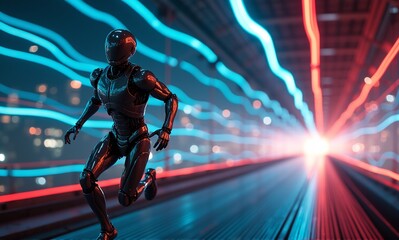 A metallic humanoid figure runs through a futuristic neon-lit tunnel, streaks of vibrant blue and red light blurring behind it.  The scene evokes speed, technology, and a sense of movement.