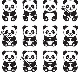 Obraz premium Panda Bundle Vector – Cute and Wild Panda Silhouette CollectionPanda Head and Full Body Vector Bundle – Cartoon and Wildlife DesignPanda Silhouette Bundle – Animal Clipart Set for Logo, Art, and D