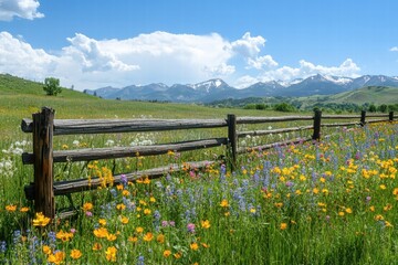 Fototapeta premium Open meadow with wooden fence and flowers