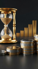 Stacks of gold and silver coins ascending against a blurred hourglass and gold bar graph, illustrating financial growth and time value of money