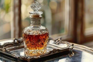 A delicate glass decanter with an ornate stopper, filled with amber-colored liquid, resting on an antique silver tray