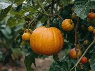 Obraz premium Hanging Pumpkins and Fruits, A CloseUp of Natures Bounty in the Garden.