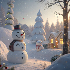 Cheerful Snowman with Hat and Scarf in a Snowy Village with Festive Lights and a Smaller Snowman winter