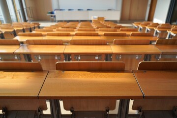 Empty classroom desks ready for students learning environment