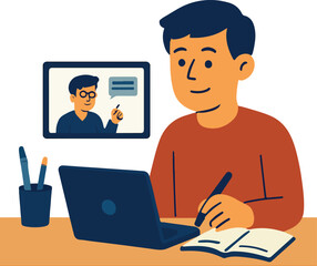Student attending an online class Illustration.