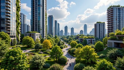 Fototapeta premium imagine a metropolis of the future where green infrastructure including parks gardens green streets vertical forests rooftop gardens reduces air pollution mitigates heat stress enhances mental and phy