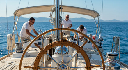 Close-up of a polished yacht helm with chrome details, crew working, deep blue ocean.
